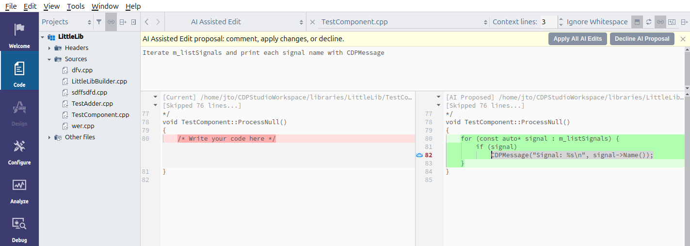 "Select the changed lines you want to comment on"